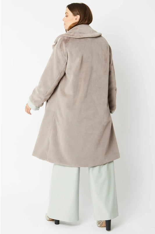 Light Grey Faux Fur Midi Shaved Shearling Coat